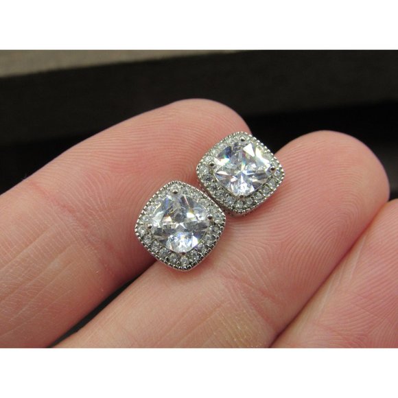 Sterling Silver Halo Square Cubic Zirconia Fancy Stud Earrings Vintage Wedding - Picture 3 of 6
